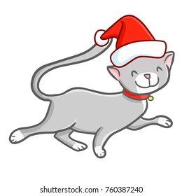 Funny and cute grey cat wearing Santa's hat for Christmas and smiling - vector.