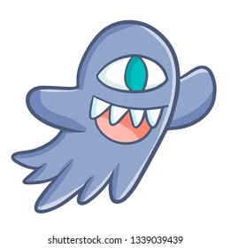 Funny and cute grey ghost with green eye flying and laughing