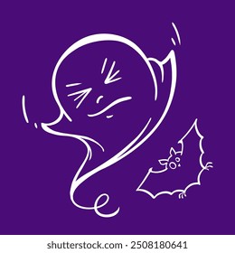 A funny and cute Halloween ghost and bat doodle on a purple background. Vector illustration.
