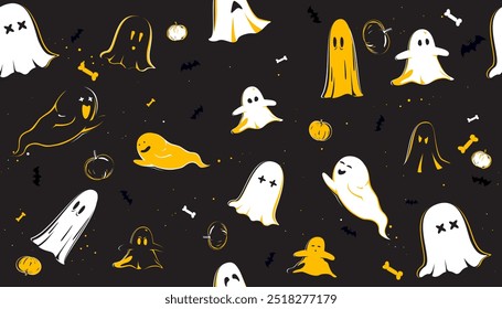 Funny and cute Halloween ghost characters design on abstract background.