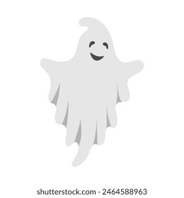 Funny Cute Halloween Ghost. Hand drawn spooky flying spirit. Cartoon kind smiling ghost isolated on white background. Vector simple halloween horror character. Creepy Halloween party costume.