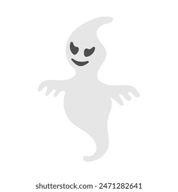 Funny Cute Halloween Ghost. Hand drawn spooky flying spirit. Cartoon evil smiling ghost isolated on white background. Vector simple halloween horror character. Creepy Halloween party costume.