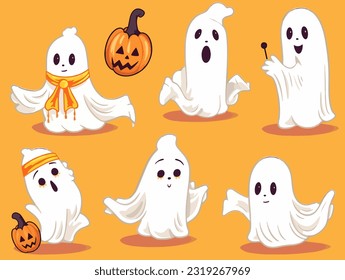 Funny Cute Halloween Ghost Hollow with Pumpkin in Flowing Forms Collection Set of Vector