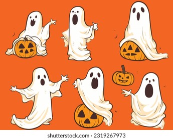 Funny Cute Halloween Ghost Hollow with Pumpkin in Flowing Forms Collection Set of Vector