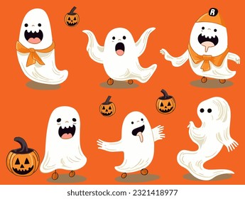 Funny Cute Halloween Ghost Hollow with Pumpkin in Flowing Forms Collection Set of Vector