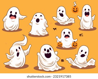 Funny Cute Halloween Ghost Hollow with Pumpkin in Flowing Forms Collection Set of Vector