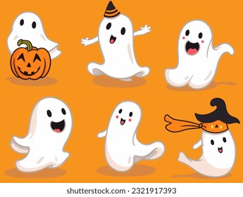 Funny Cute Halloween Ghost Hollow with Pumpkin in Flowing Forms Collection Set of Vector