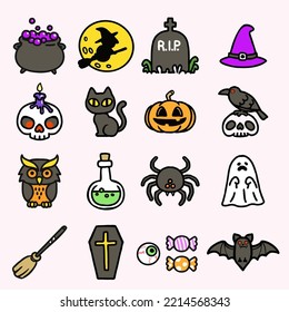 Funny cute halloween illustration doddle set, pumpkin, ghost, candy, bat, tomb, coffin, crow, spider, hat, witch, owl. 