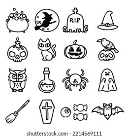 Funny Cute halloween illustration doddle set, pumpkin, ghost, candy, bat, tomb, coffin, crow, spider, hat, witch, owl. Black and white. Isolated vector.