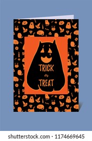 Funny and cute halloween vector greeting card in black and orange. Big butternut squash cat eared pumpkin