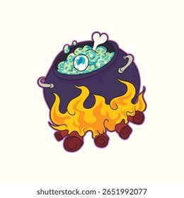 Funny cute Halloween witch cauldron illustration with spooky bubbling potion and eyeball perfect for party decorations invitations sticker designs apparel prints and other creative spooky projects