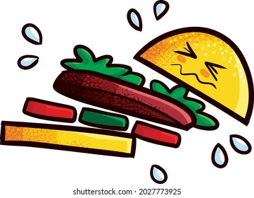 Funny y lindo personaje de hamburguesa cayendo a pedazos