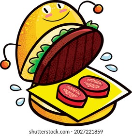 Funny and cute hamburger character opened it's content