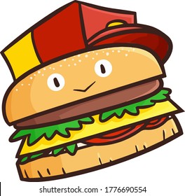 Funny and cute hamburger character using hat and smiling