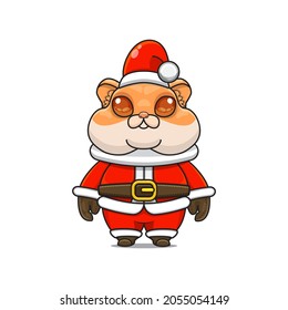 Funny and cute Hamster mascot, wearing santa claus costume, cartoon animal with sparkling brown eyes, front view. kawaii styles, flats, for christmas, for stickers. cartoon hamster, kawaii