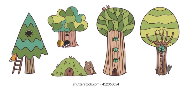Funny cute hand drawn animals and tree houses. Bear, fox, cat, raccoon and squirrel. Vector animals illustration. Cartoon elements for your adorable design.