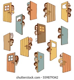 Funny and cute hand drawn illustration of various people and children hiding behind doors, or opening doors to welcome guests