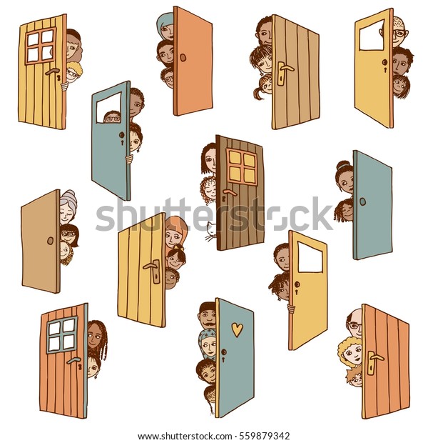 おかしくてかわいい手描きのイラストで ドアの後ろに隠れている人や子ども お客を迎えるドアを開ける のベクター画像素材 ロイヤリティフリー