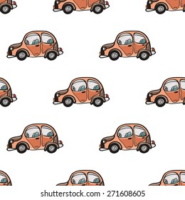 Funny cute hand drawn kids toy transport. Baby bright cartoon car vector seamless pattern on white background. Set of isolated elements. Chess grid order