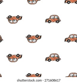 Funny cute hand drawn kids toy transport. Baby bright cartoon car vector seamless pattern on white background. Set of isolated elements. Chess grid order