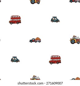 Funny cute hand drawn kids toy transport. Baby bright cartoon bus, tractor, car, truck vector seamless pattern on white background. Set of isolated elements. Chess grid order
