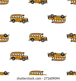 Funny cute hand drawn kids toy transport. Baby bright cartoon bus vector seamless pattern on white background. Set of isolated elements. Chess grid order