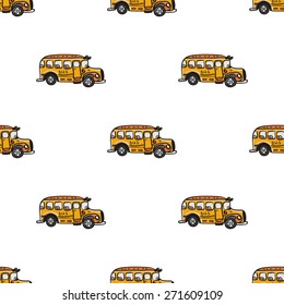 Funny cute hand drawn kids toy transport. Baby bright cartoon bus vector seamless pattern on white background. Set of isolated elements. Chess grid order