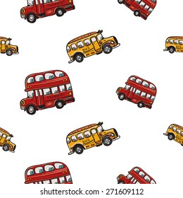 Funny cute hand drawn kids toy transport. Baby bright cartoon bus vector seamless pattern on white background. Set of isolated elements. Chess grid order