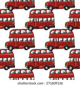 Funny cute hand drawn kids toy transport. Baby bright cartoon bus vector seamless pattern on white background. Set of isolated elements. Chess grid order