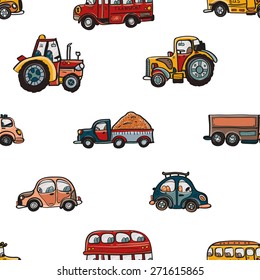 Funny cute hand drawn kids toy transport. Baby bright cartoon tractor, bus, truck, car vector seamless pattern on white background. Set of isolated elements. Chess grid order