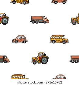 Funny cute hand drawn kids toy transport. Baby bright cartoon tractor, truck, bus, car vector seamless pattern on white background. Set of isolated elements. Chess grid order