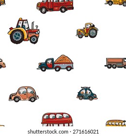 Funny cute hand drawn kids toy transport. Baby bright cartoon tractor, bus, truck, car vector seamless pattern on white background. Set of isolated elements. Chess grid order