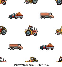 Funny cute hand drawn kids toy transport. Baby bright cartoon tractor and truck vector seamless pattern on white background. Set of isolated elements. Chess grid order
