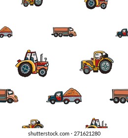 Funny cute hand drawn kids toy transport. Baby bright cartoon tractor and truck vector seamless pattern on white background. Set of isolated elements. Chess grid order