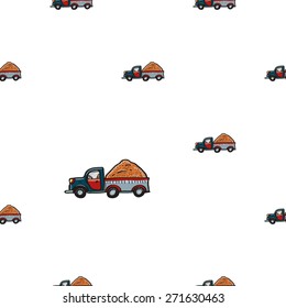 Funny cute hand drawn kids toy transport. Baby bright cartoon truck vector seamless pattern on white background. Set of isolated elements. Chess grid order