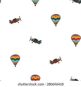 Funny cute hand drawn kids toy aeronautic transport. Baby bright cartoon balloon and biplane vector seamless pattern on white background. Set of isolated elements. Chess grid order