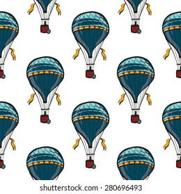 Funny cute hand drawn kids toy aeronautic transport. Baby bright cartoon aerostat vector seamless pattern on white background. Set of isolated elements. Chess grid order