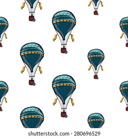 Funny cute hand drawn kids toy aeronautic transport. Baby bright cartoon aerostat vector seamless pattern on white background. Set of isolated elements. Chess grid order