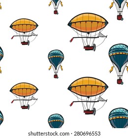 Funny cute hand drawn kids toy aeronautic transport. Baby bright cartoon aerostat and blimp vector seamless pattern on white background. Set of isolated elements. Chess grid order