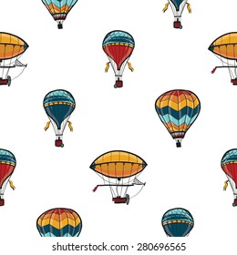 Funny cute hand drawn kids toy aeronautic transport. Baby bright cartoon aerostat, balloon, blimp vector seamless pattern on white background. Set of isolated elements. Chess grid order