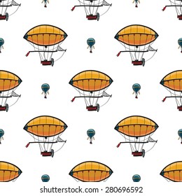 Funny cute hand drawn kids toy aeronautic transport. Baby bright cartoon aerostat and blimp vector seamless pattern on white background. Set of isolated elements. Chess grid order