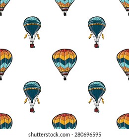 Funny cute hand drawn kids toy aeronautic transport. Baby bright cartoon aerostat and balloon vector seamless pattern on white background. Set of isolated elements. Chess grid order