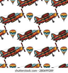 Funny cute hand drawn kids toy aeronautic transport. Baby bright cartoon balloon and biplane vector seamless pattern on white background. Set of isolated elements. Chess grid order