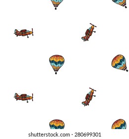 Funny cute hand drawn kids toy aeronautic transport. Baby bright cartoon balloon and biplane vector seamless pattern on white background. Set of isolated elements. Chess grid order