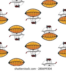 Funny cute hand drawn kids toy aeronautic transport. Baby bright cartoon blimp vector seamless pattern on white background. Set of isolated elements. Chess grid order