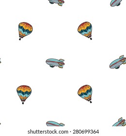 Funny cute hand drawn kids toy aeronautic transport. Baby bright cartoon balloon and airship vector seamless pattern on white background. Set of isolated elements. Chess grid order