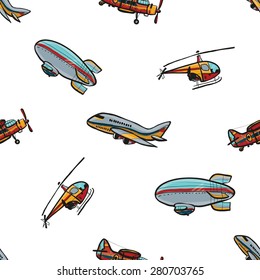 Funny cute hand drawn kids toy aeronautic transport. Baby bright cartoon helicopter, biplane, airship, plane vector seamless pattern on white background. Set of isolated elements. Chess grid order