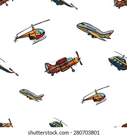 Funny cute hand drawn kids toy aeronautic transport. Baby bright cartoon chopper, helicopter, biplane, plane vector seamless pattern on white background. Set of isolated elements. Chess grid order