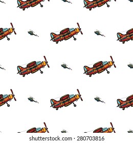 Funny cute hand drawn kids toy aeronautic transport. Baby bright cartoon chopper and biplane vector seamless pattern on white background. Set of isolated elements. Chess grid order