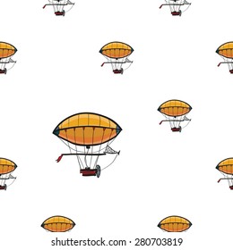 Funny Cute Hand Drawn Kids Toy Aeronautic Transport. Baby Bright Cartoon Blimp Vector Seamless Pattern On White Background. Set Of Isolated Elements. Chess Grid Order